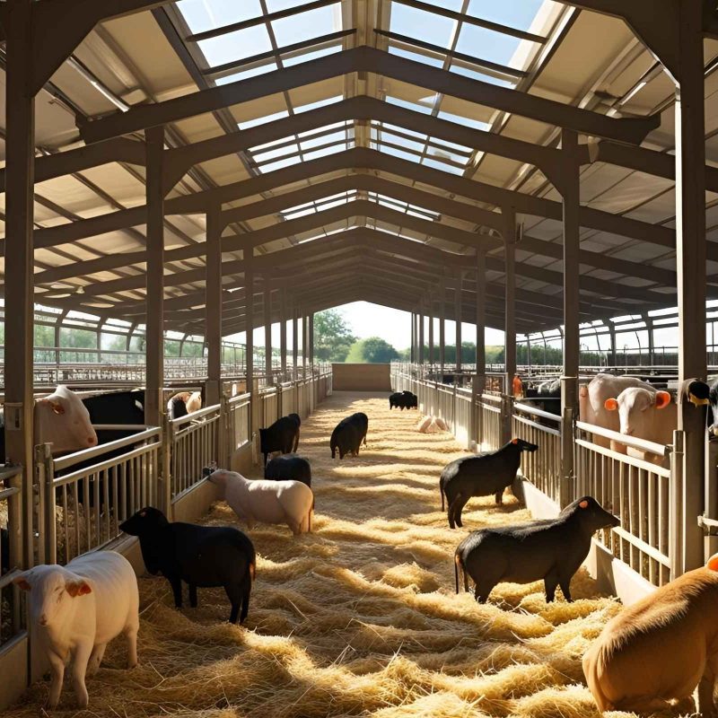 Inside view of livestock shelter (ventilated, well-spaced pens)