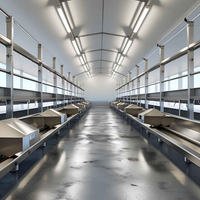 Modern piggery structure with clean floor and feeders
