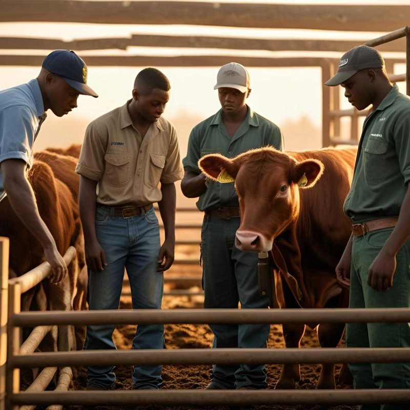 Small group of farmers in training around livestock pen